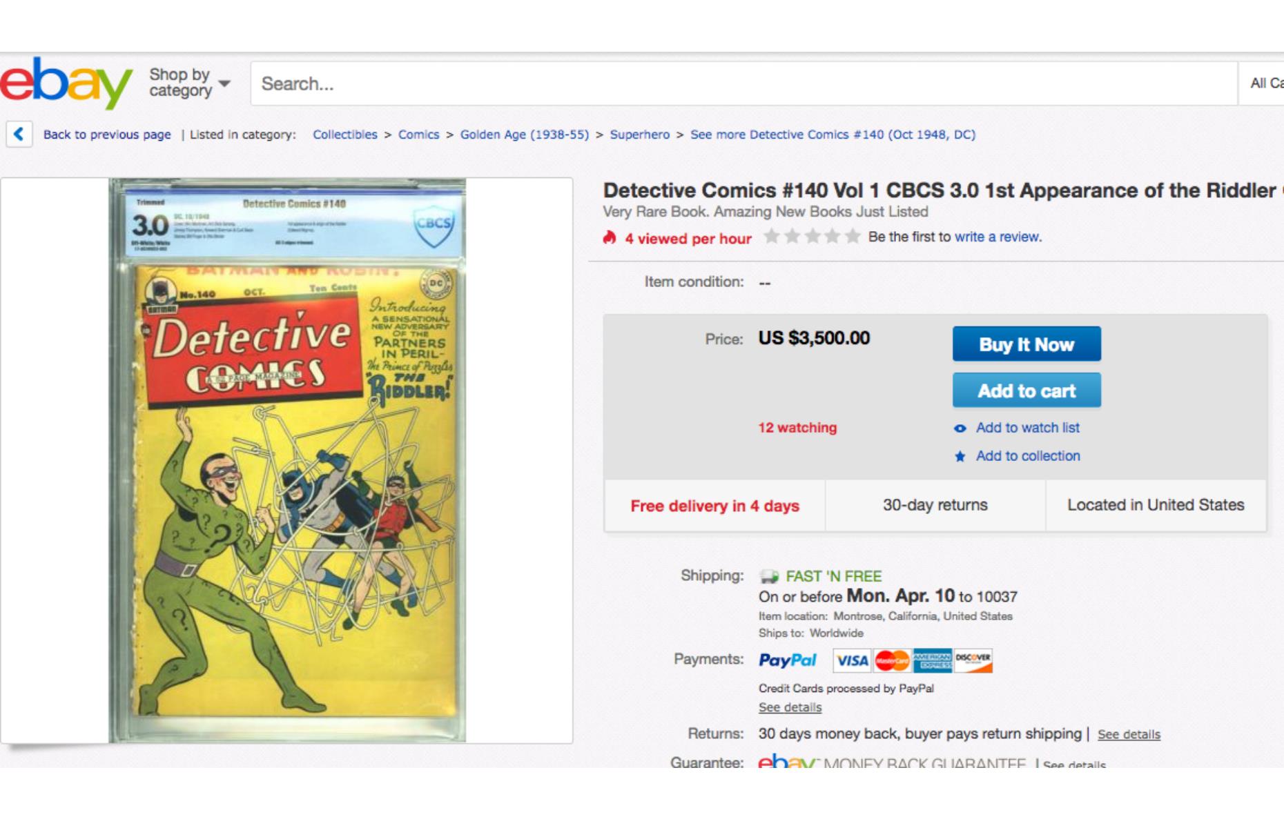 Rare Detective Comics featuring the Riddler's first appearance: $3,500 (£2.8k)